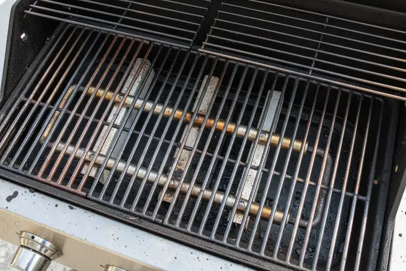 Nahaufnahme eines Gasgrill-Brenners mit Gusseisen-Rost - typische Gebrauchsspuren nach einer Saison