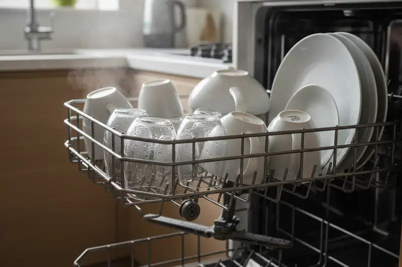 Nahaufnahme eines Geschirrspüler-Oberkorbs mit Tassen, Gläsern und Schüsseln