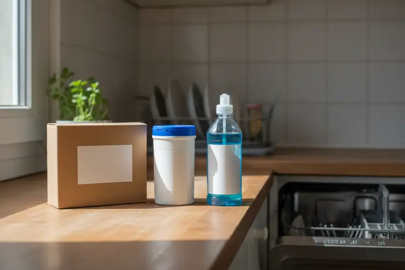 Spülmaschinenpulver, Salz und Klarspüler neben einer offenen Geschirrspüler-Klappe