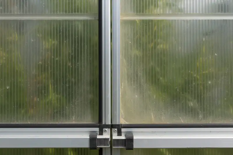 Nahaufnahme von Polycarbonat-Hohlkammerplatten an einem Aluminium-Gewächshausrahmen - vergilbte Platte neben einer neuen