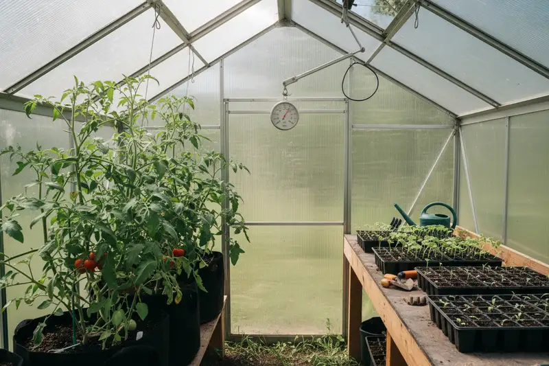 Innenansicht eines Hobby-Gewächshauses mit Tomatenpflanzen, Thermometer und automatischem Fensteröffner