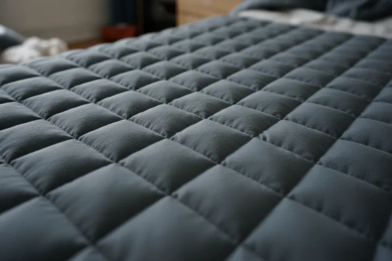 Gewichtsdecke mit sichtbaren Steppkammern, in denen die Glasperlen-Füllung liegt, auf einem Bett
