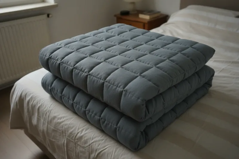 Zusammengelegte Gewichtsdecke mit Baumwollbezug auf einem ordentlich gemachten Bett im Tageslicht