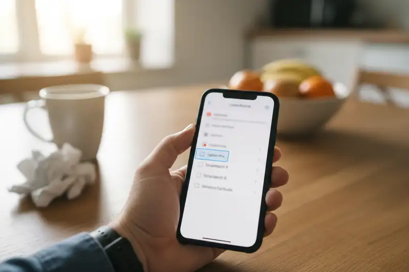 Hand hält Smartphone mit geöffneter Einstellung für verknüpfte Geräte