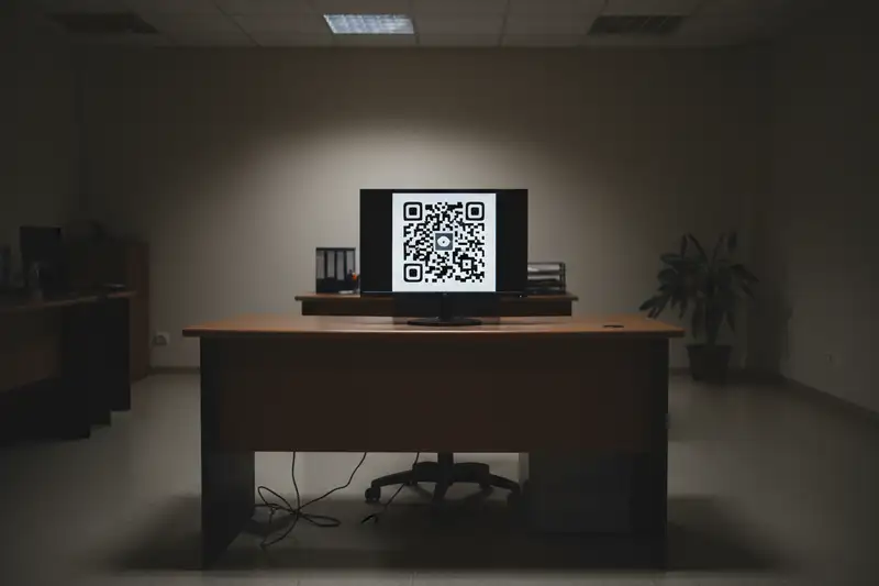QR-Code auf einem Computerbildschirm in einem abgedunkelten Büro