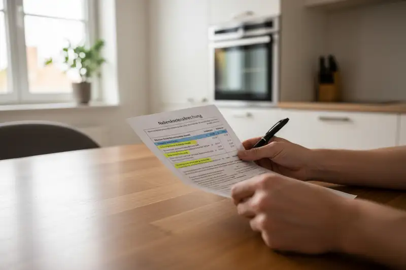 Hände halten eine Nebenkostenabrechnung mit markierten Positionen