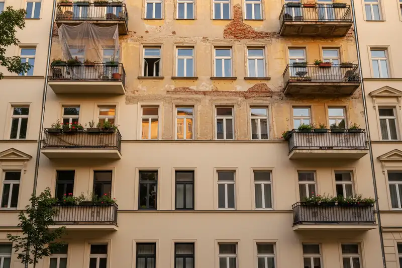 Altbau-Fassade in Berlin mit Balkonen und teilweise abbröckelndem Putz