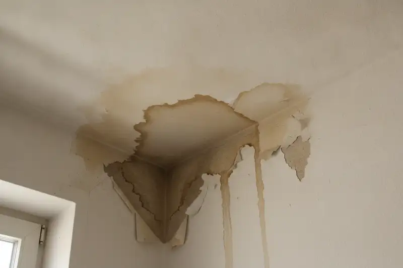 Wasserfleck und Schaden an einer Zimmerdecke nach einem Leitungswasserschaden