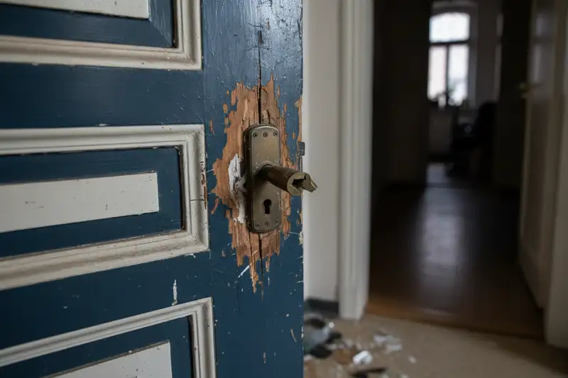 Aufgebrochene Wohnungstür mit beschädigtem Schloss und Splittern nach einem Einbruch