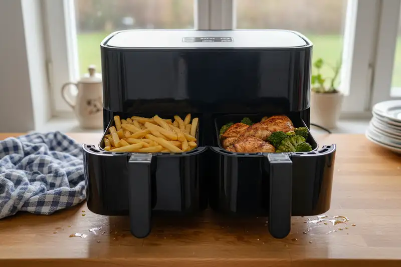 Geöffnete XXL-Heißluftfritteuse mit zwei Körben voller knuspriger Pommes und Hähnchenschenkel auf einer Küchenarbeitsplatte