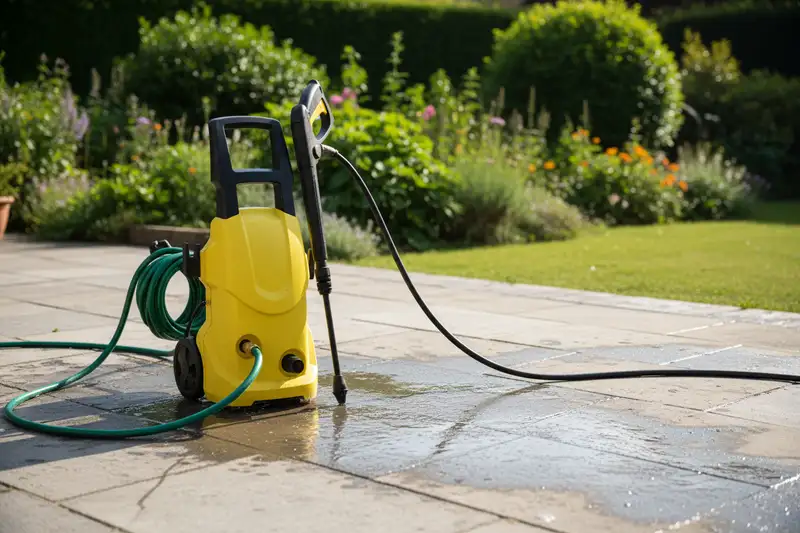 Verschiedene Hochdruckreiniger aufgereiht in einer Garage, natürliches Tageslicht durch das Tor