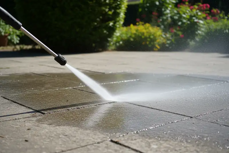 Hochdruckreiniger neben einem Eimer auf einer Terrasse mit Pflastersteinen, Morgenlicht
