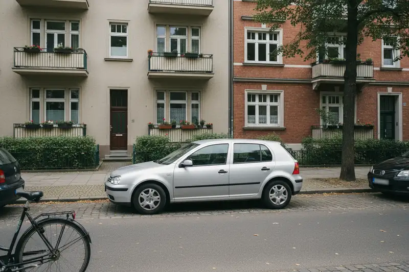 Silberner Kompaktwagen am Straßenrand einer deutschen Altbaustraße mit Mehrfamilienhäusern