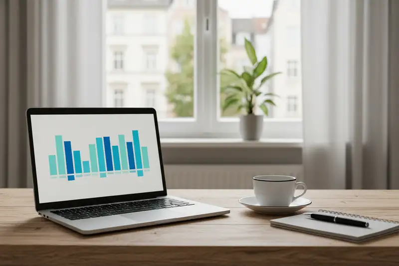 Laptop auf einem Holzschreibtisch zeigt ein blaues Balkendiagramm, daneben Kaffeetasse und Stift