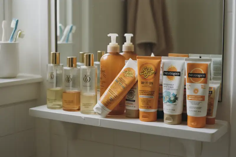 Verschiedene Sonnencreme-Tuben im Badezimmerregal - teure Designermarken neben günstigen Drogerie-Produkten