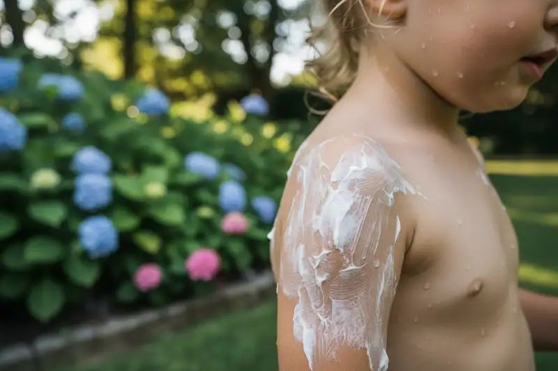 Kinderschulter mit ungleichmäßig aufgetragener Sonnencreme im Garten