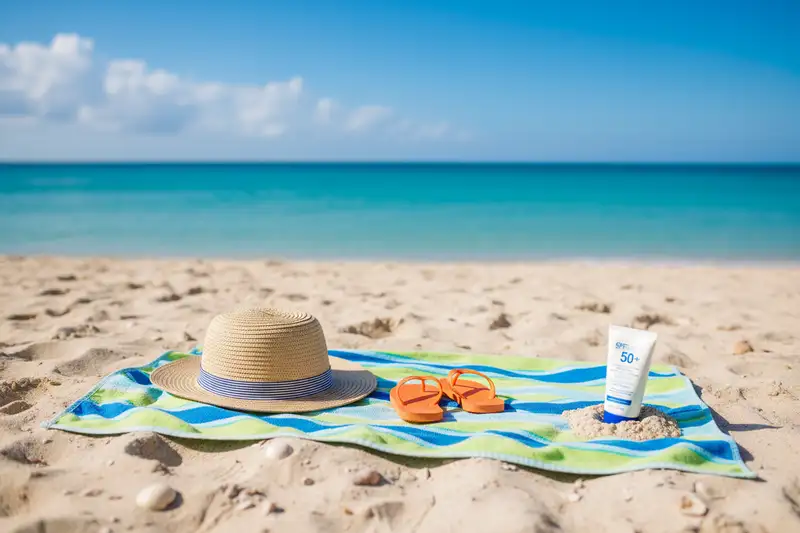 Kindersonnenhut und Flip-Flops auf einem Strandtuch neben einer Tube Sonnencreme
