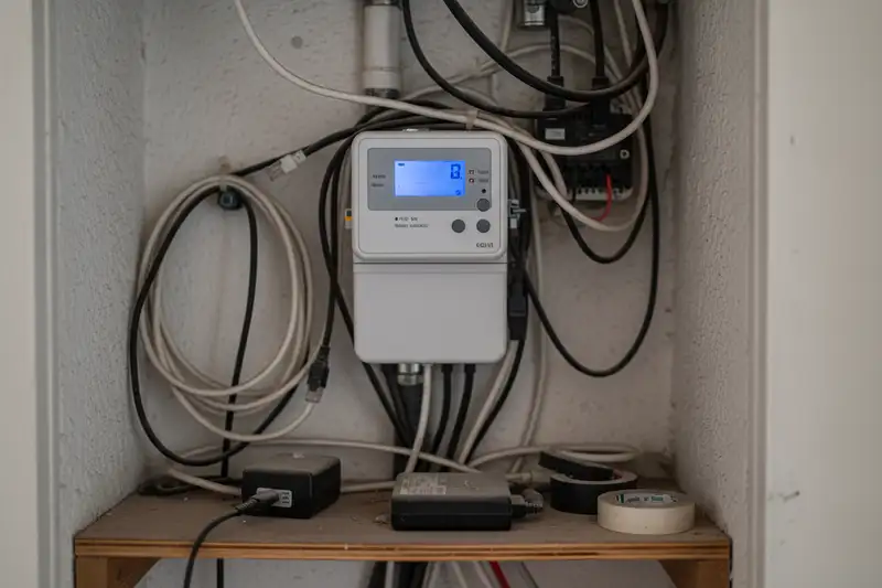 Digitaler Stromzähler an einer weißen Wand in einem Hausanschlussschrank mit mehreren Kabeln