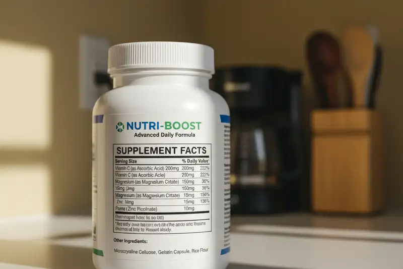Nahaufnahme eines Nahrungsergaenzungsmittel-Etiketts mit kleiner Schrift und Zutatenliste