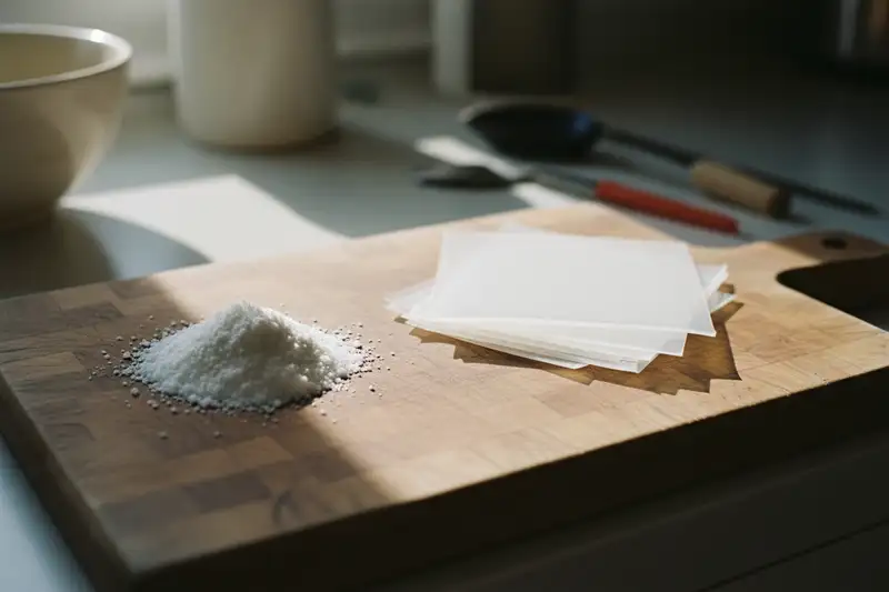 Kollagen-Pulver und Gelatine-Blaetter nebeneinander auf einer Kuechenarbeitsflaeche bei Tageslicht