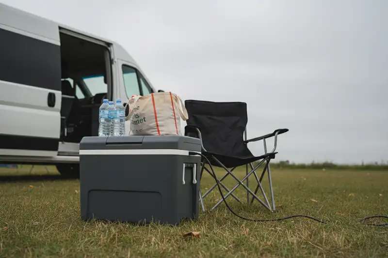 Kompressor-Kühlbox auf einer Wiese neben einem Campingstuhl und Wohnmobil