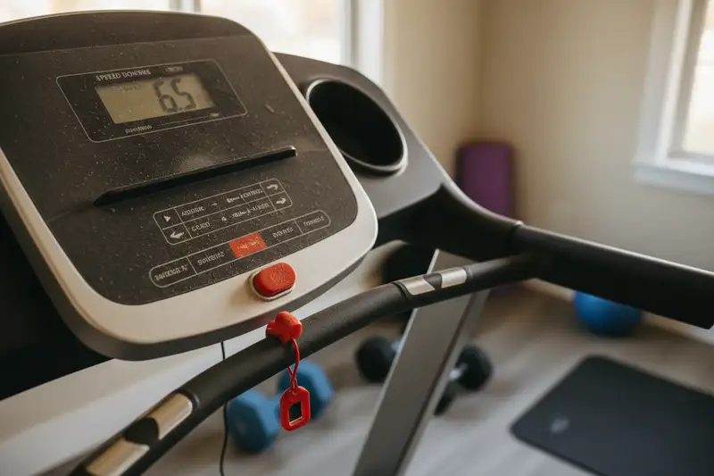 Laufband-Bedienfeld mit Geschwindigkeitsanzeige und Sicherheitsschlüssel in einem Wohnzimmer