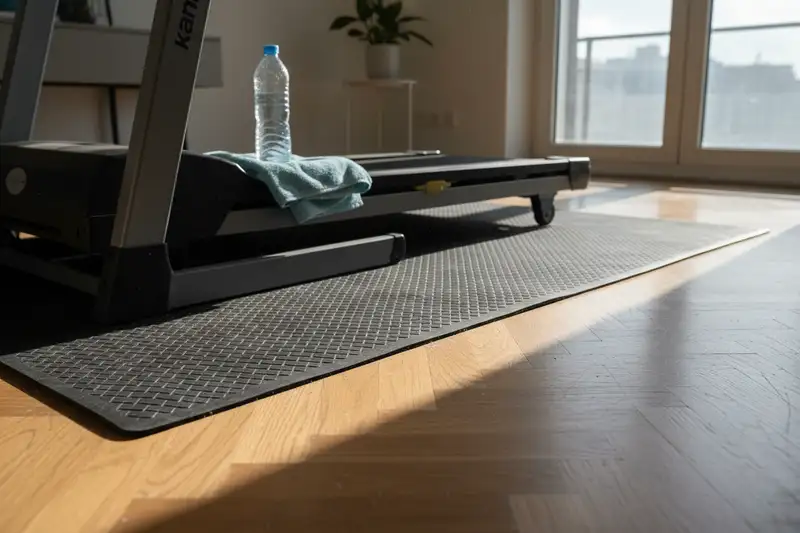 Klappbares Laufband mit Bodenschutzmatte in einer Mietwohnung bei Tageslicht