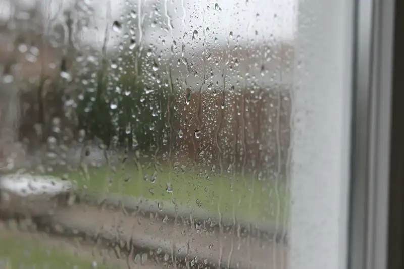 Kondenswasser-Tropfen an einer Fensterscheibe in einer Wohnung im Winter