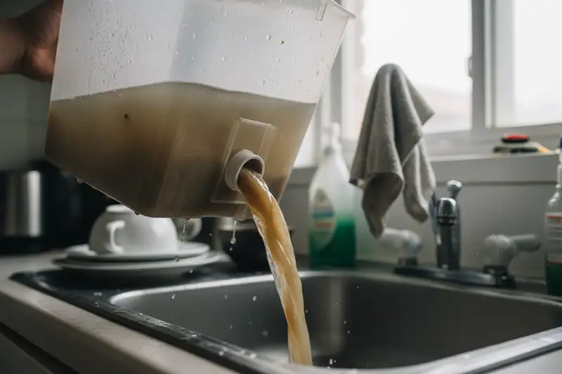 Wassertank eines Luftentfeuchters wird in einem Hauswirtschaftsraum entleert