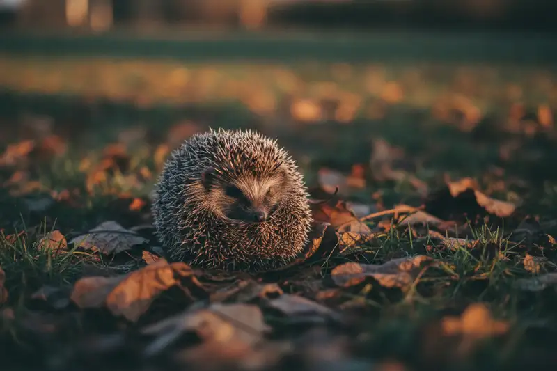 Ein zusammengerollter Igel im Gras zwischen Herbstlaub