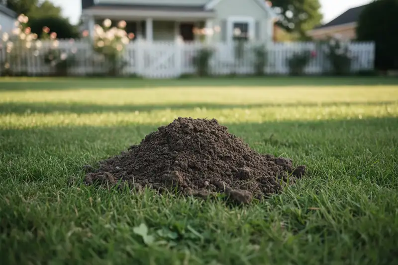 Frischer Maulwurfshügel auf einer grünen Rasenfläche im Garten