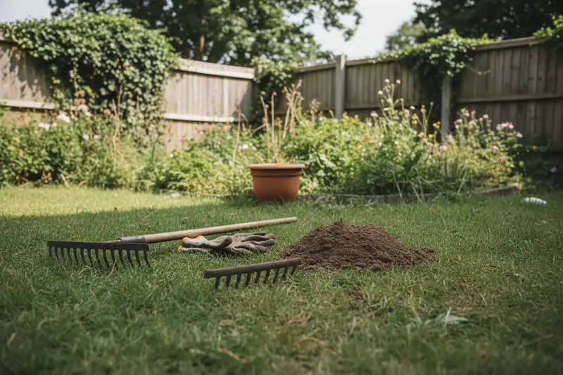 Gartengeräte und Handschuhe neben einem eingeebneten Maulwurfshügel