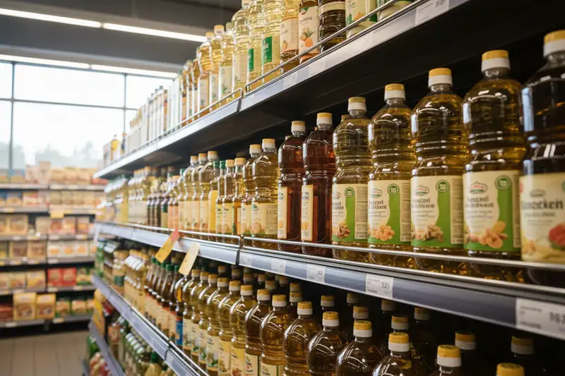 Verschiedene Speiseöl-Flaschen im Supermarktregal, Etiketten nicht erkennbar