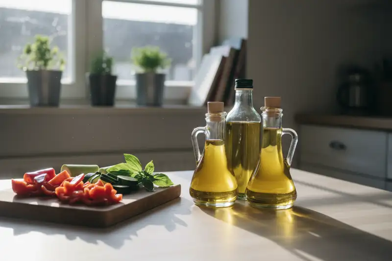 Nahaufnahme von Ölflaschen auf einem Küchentisch neben einem Schneidebrett, natürliches Tageslicht