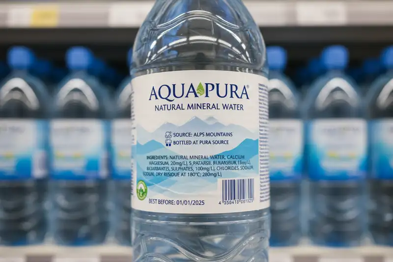 Verschiedene Mineralwasserflaschen im Supermarktregal, Nahaufnahme der Etiketten mit Reinheitsversprechen