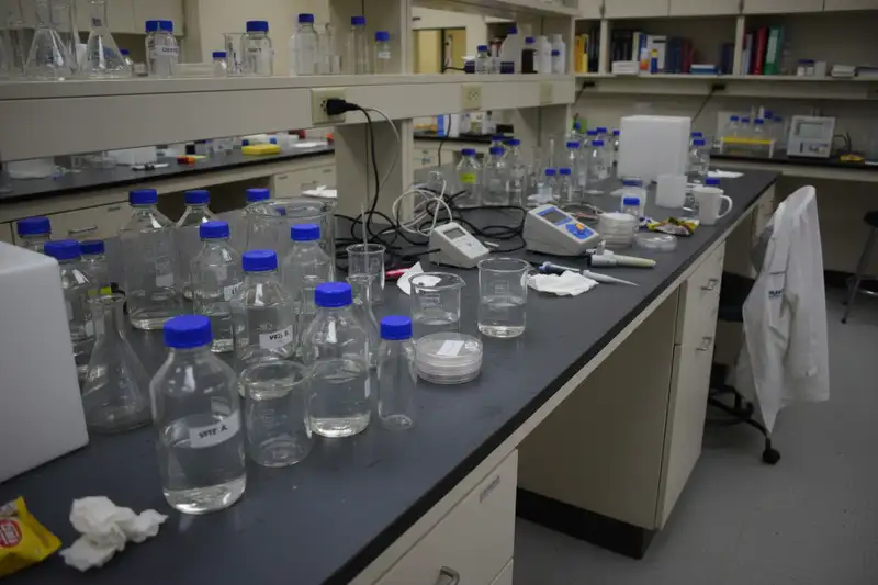 Nahaufnahme einer PET-Wasserflasche mit Kondenswasser, natürliches Licht fällt auf das Etikett