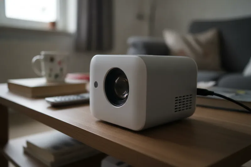 Nahaufnahme eines Mini-Beamers auf dem Couchtisch mit Objektiv, Lüftungsschlitzen und HDMI-Kabel - Details, die über die Alltagstauglichkeit entscheiden