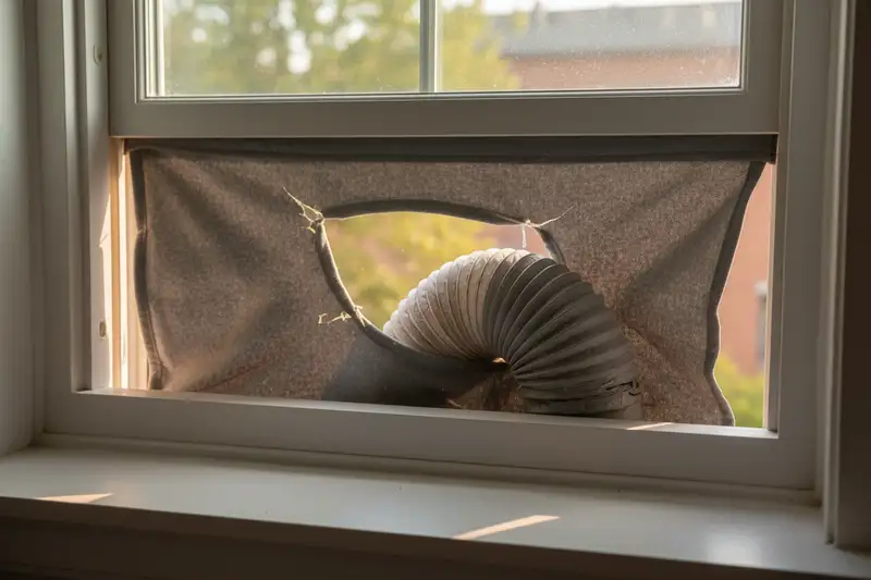 Abluftschlauch einer mobilen Klimaanlage am gekippten Fenster mit Textilabdichtung