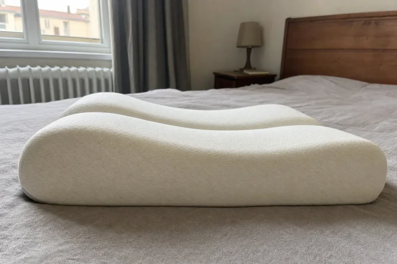 Ergonomisches Nackenstützkissen mit Wellenkontur und zwei unterschiedlich hohen Nackenwülsten in Nahaufnahme auf einem Bett