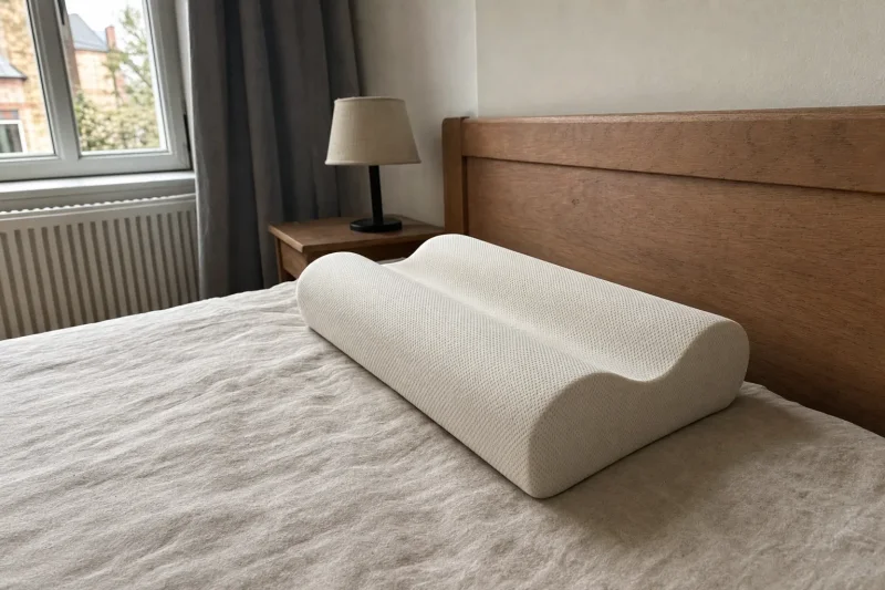 Ergonomisches Nackenstützkissen mit Wellenkontur am Kopfende eines gemachten Bettes im Tageslicht