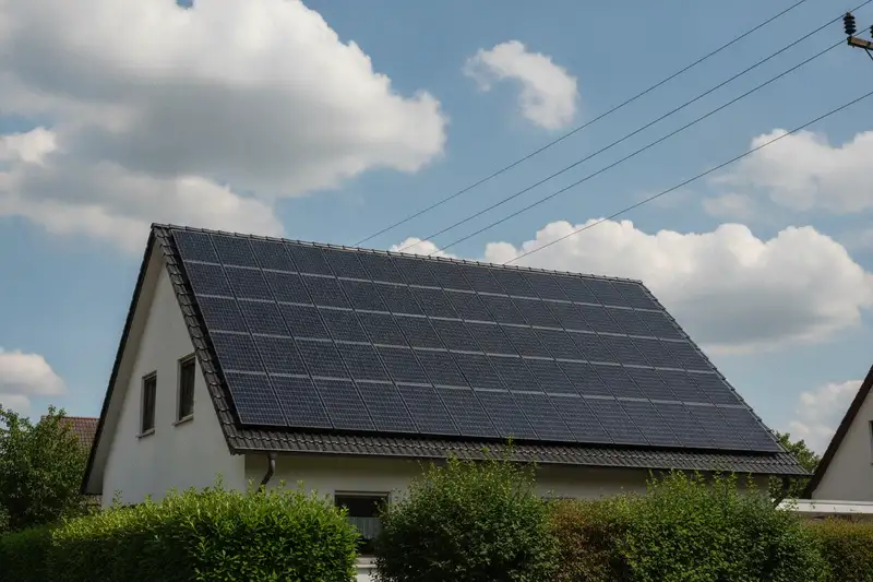 Einfamilienhaus mit voll belegtem Solardach - Haushalte mit eigener Erzeugung sollen ab 2029 einen höheren Grundpreis zahlen