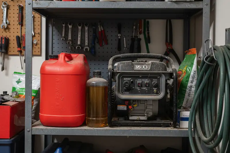 Notstromaggregat und Benzinkanister auf einem Garagenregal neben Werkzeug