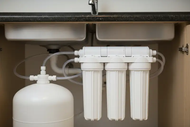 Untertisch-Osmoseanlage mit weißen Filterkartuschen unter einer Küchenspüle installiert