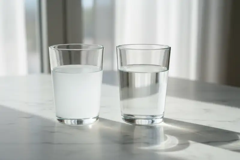 Zwei Gläser Wasser im Vergleich: ungefiltertes und osmosegefiltertes Trinkwasser nebeneinander