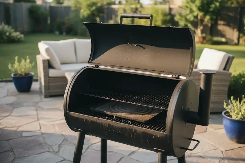 Pelletgrill mit geöffnetem Deckel und Grillrost auf einer Gartenterrasse bei natürlichem Tageslicht