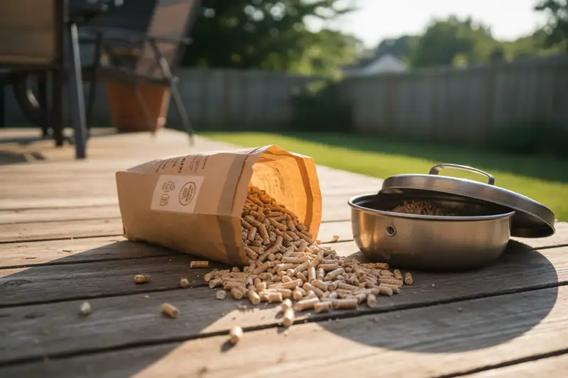 Holzpellets in einem offenen Vorratsbehälter neben einem Pelletgrill auf einer Terrasse