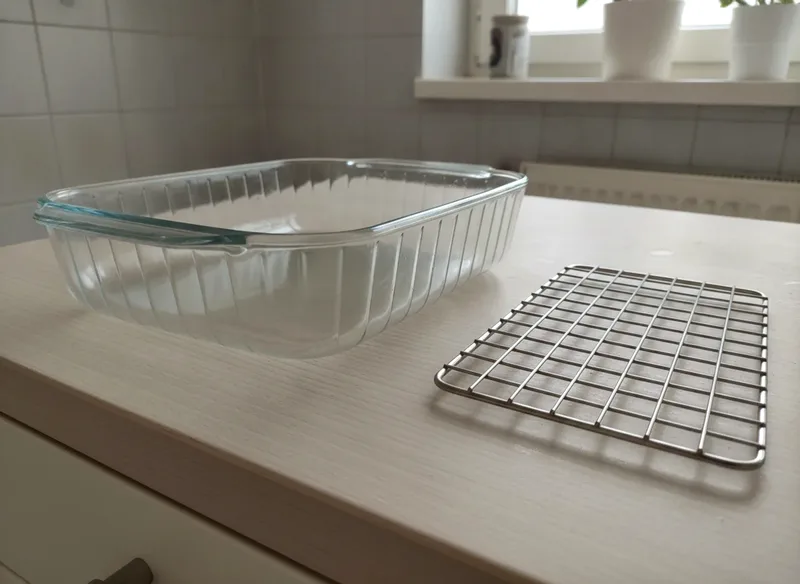 Unbeschriftete Glasform und Metallrost auf einer Küchenarbeitsplatte