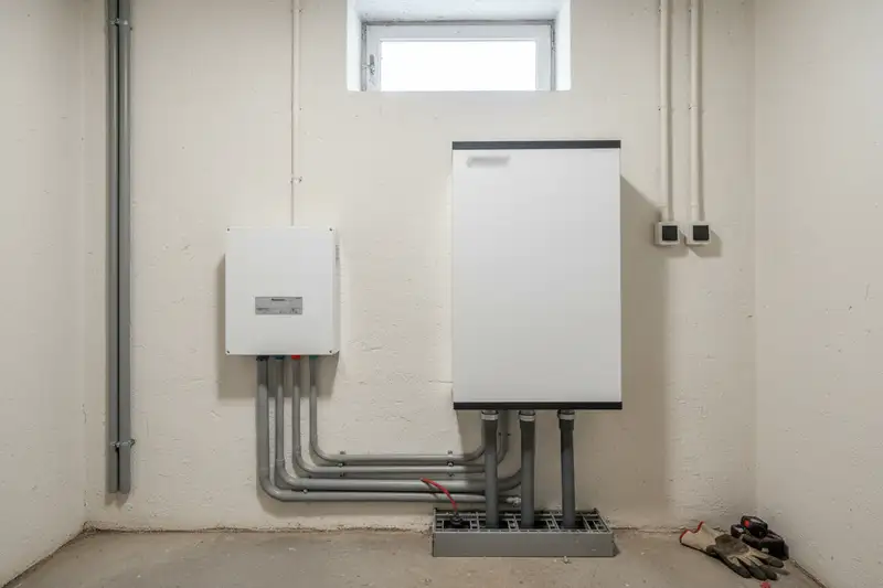 Weißer Solar-Wechselrichter und ein Batteriespeicher nebeneinander an einer Kellerwand in einem deutschen Haus
