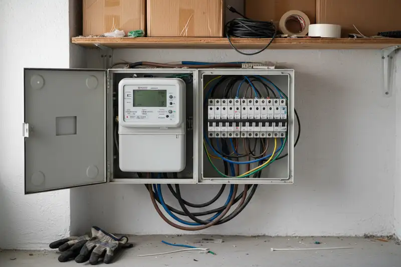 Offener Zählerschrank mit Stromzähler und Sicherungsautomaten an einer weißen Wand in einem deutschen Haus