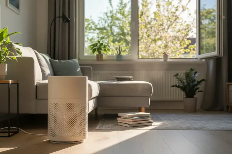 Luftreiniger in einem hellen Wohnzimmer neben einem geöffneten Fenster mit Blick auf blühende Bäume